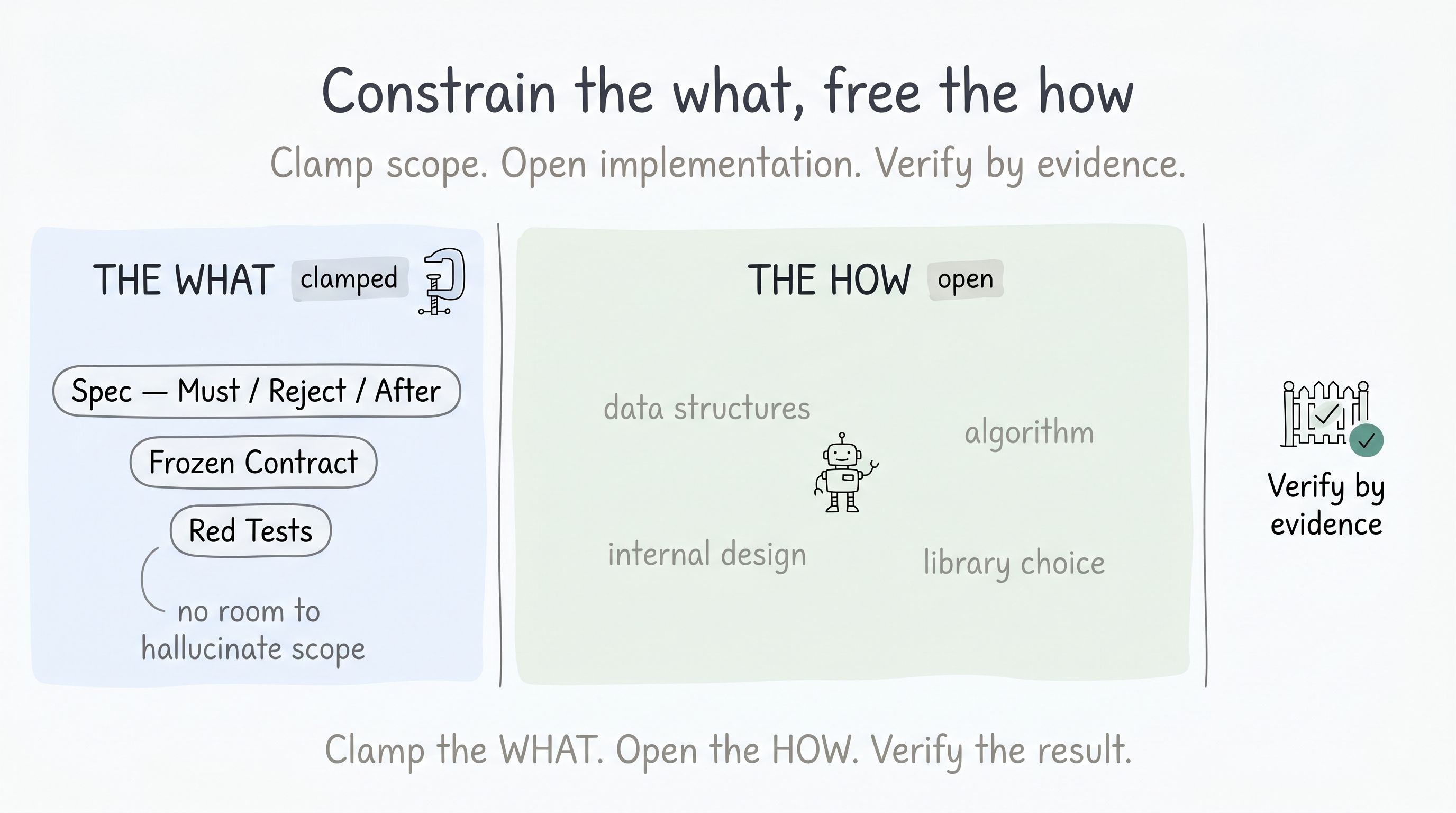 Split diagram showing THE WHAT clamped on the left (Brief, Frozen Contract, Acceptance Checks) and THE HOW as open space on the right where the producer works, ending in Verify by evidence