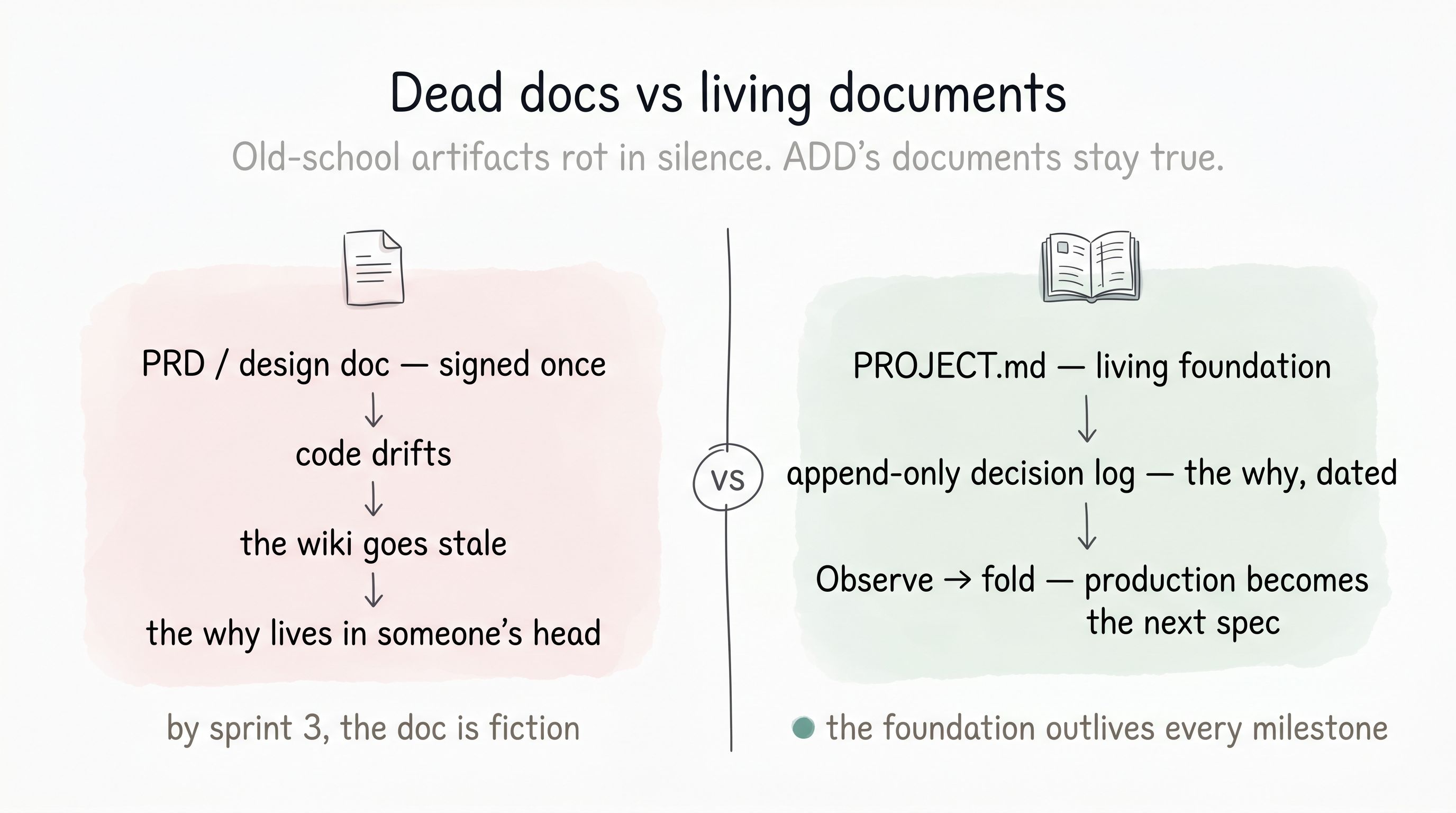 Side-by-side comparison: on the left an old-school document signed once that drifts as the code changes until it becomes fiction; on the right ADD's living foundation — PROJECT.md, an append-only dated decision log, and Observe-to-fold — that outlives every milestone