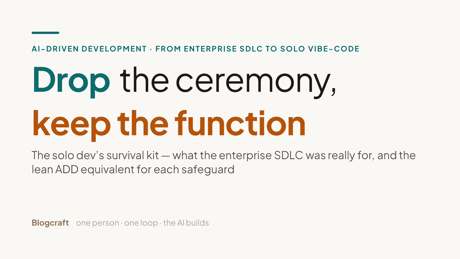 Warm-paper editorial title card: 'Drop the ceremony, keep the function' — the solo dev's survival kit mapping each enterprise SDLC safeguard to its lean ADD equivalent