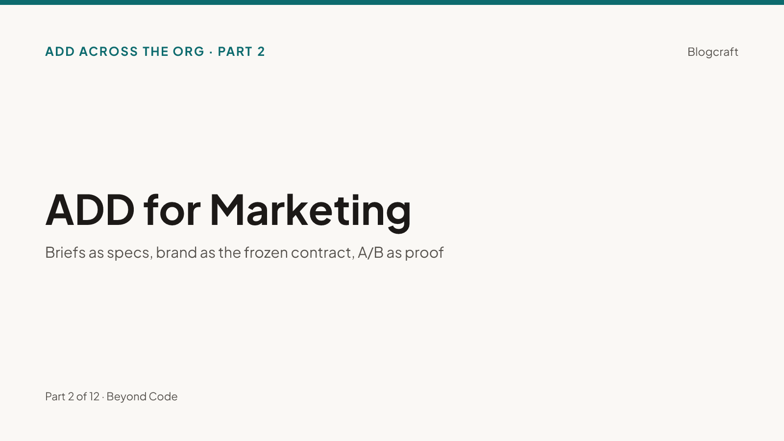 Series hero on warm paper: 'ADD for Marketing — briefs as specs, brand as the frozen contract, A/B as proof'