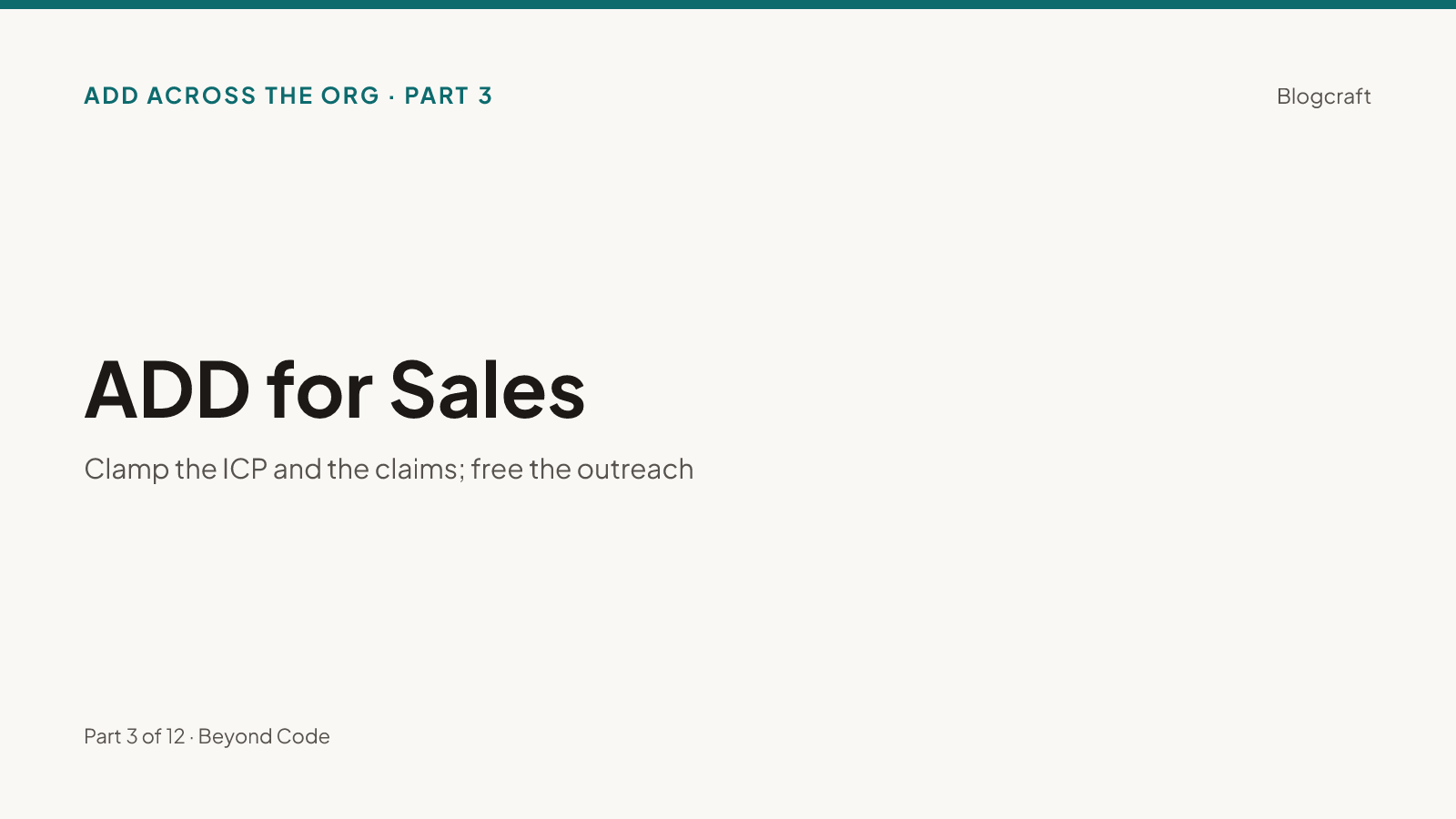 Series hero on warm paper: 'ADD for Sales — clamp the ICP and the claims; free the outreach'