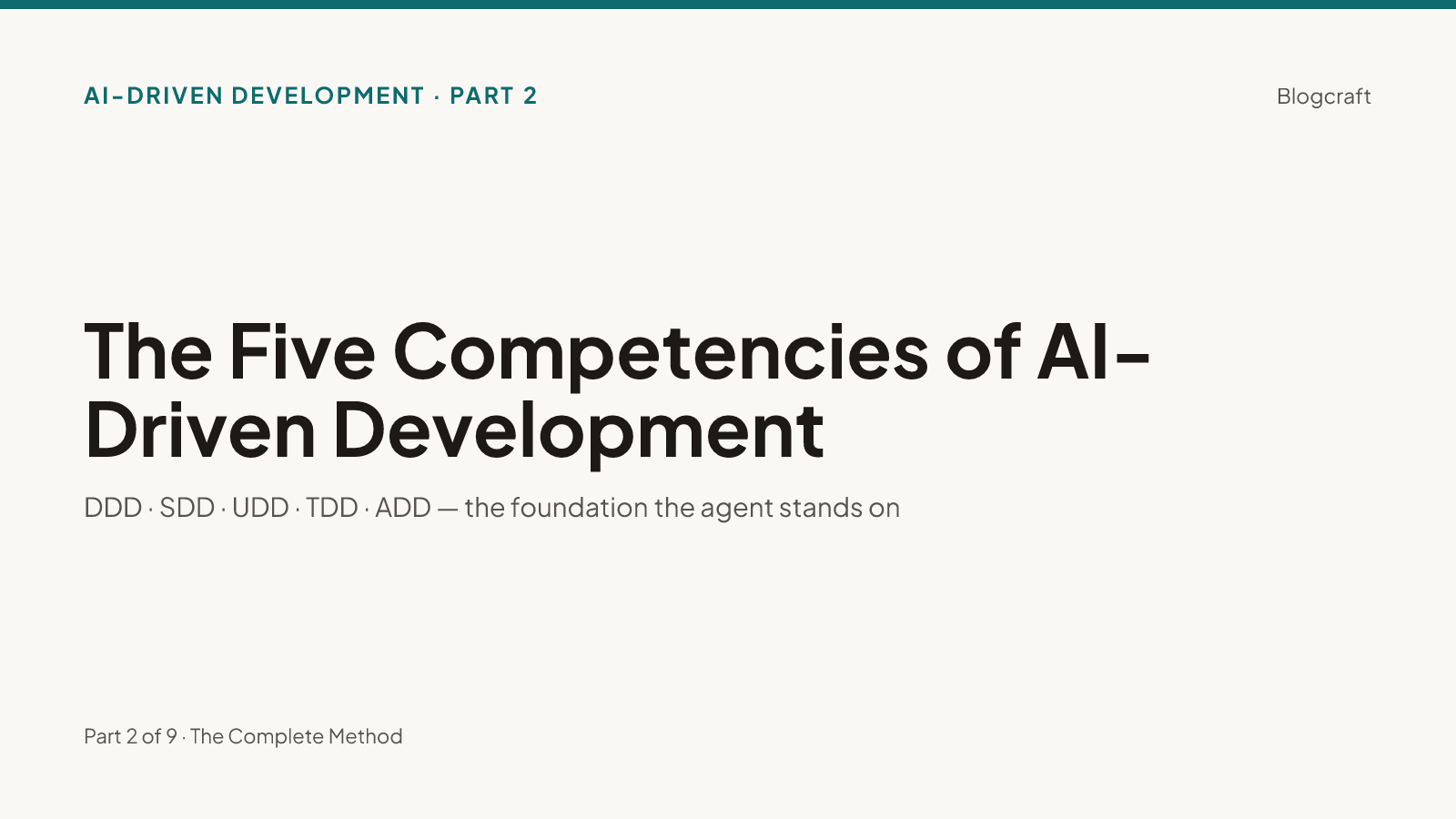 Series hero on warm paper: 'The Five Competencies of AI-Driven Development' with the subtitle DDD, SDD, UDD, TDD, ADD