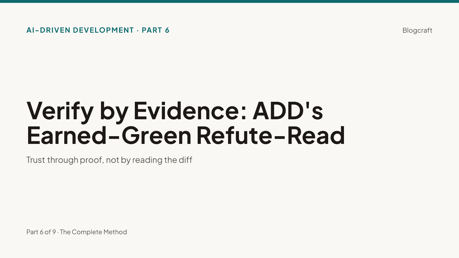 Series hero on warm paper: 'Verify by Evidence: ADD's Earned-Green Refute-Read'