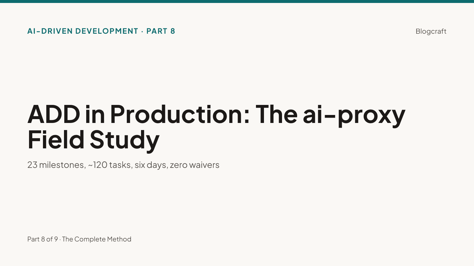 Series hero on warm paper: 'ADD in Production: The ai-proxy Field Study — 23 milestones, six days, zero waivers'