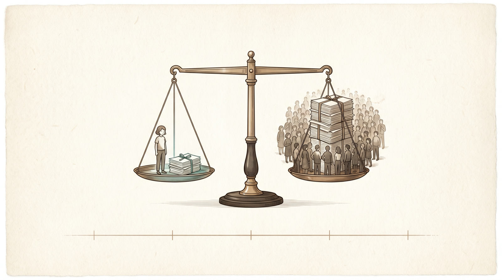 Warm-paper editorial illustration of a balance scale: one small figure beside a thin bundle of papers on the left pan, weighed against a faded crowd and a tall stack of papers on the right, over a faint software-lifecycle timeline