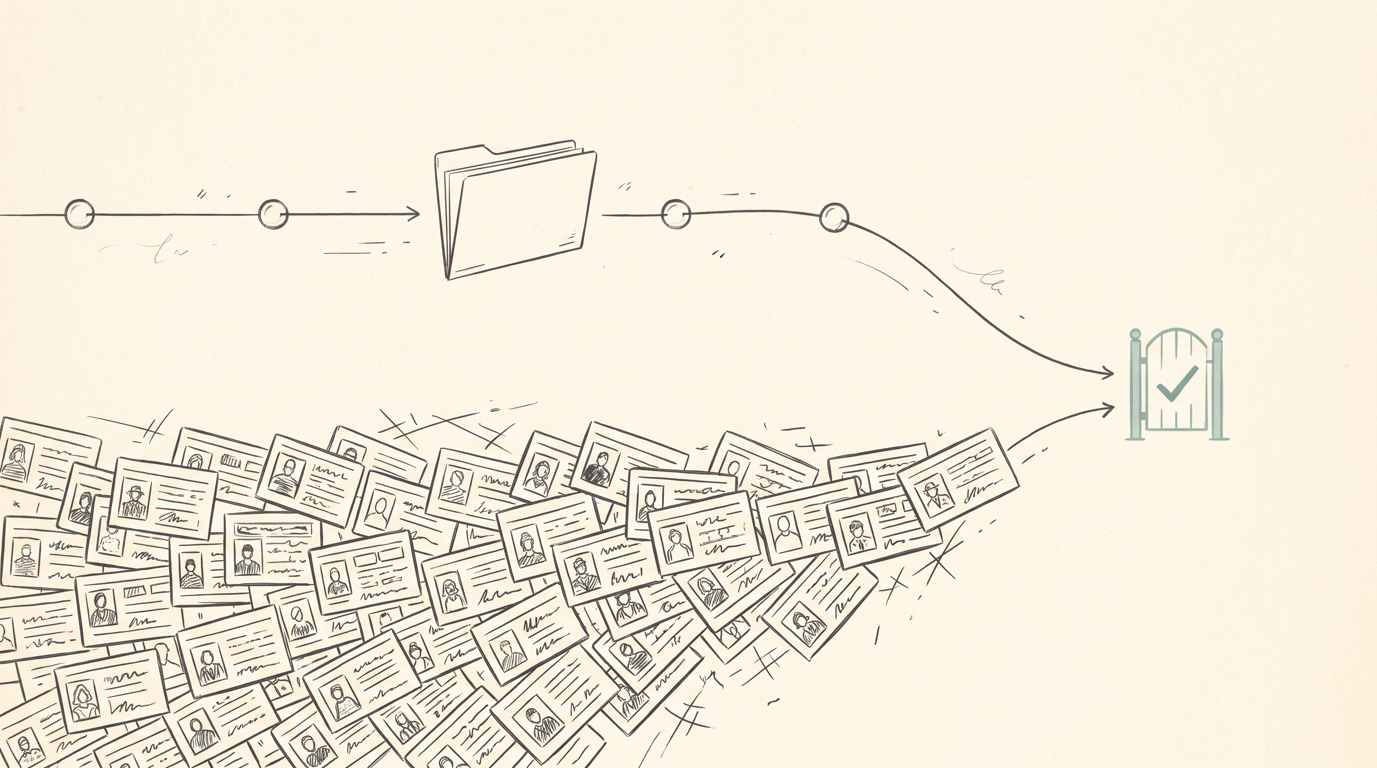 Warm-paper editorial illustration: two routes converging on one small green gate with a checkmark — an upper route of a single slim folder threading through four tiny checkpoints, and a lower route of a large dense fan of stacked agent cards crowding toward the same gate