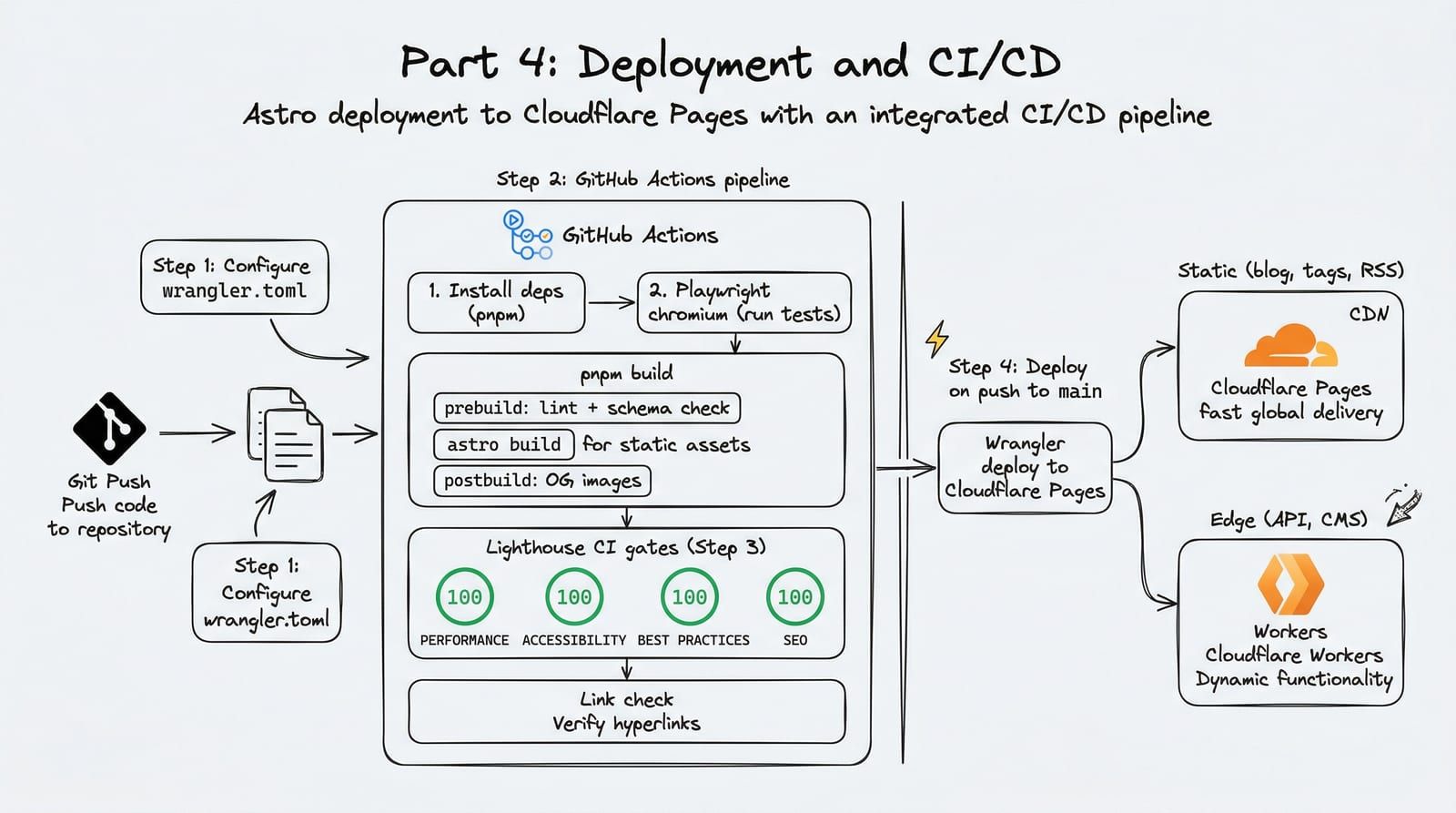 A deployment pipeline flowing from code through automated checks to a global CDN edge network