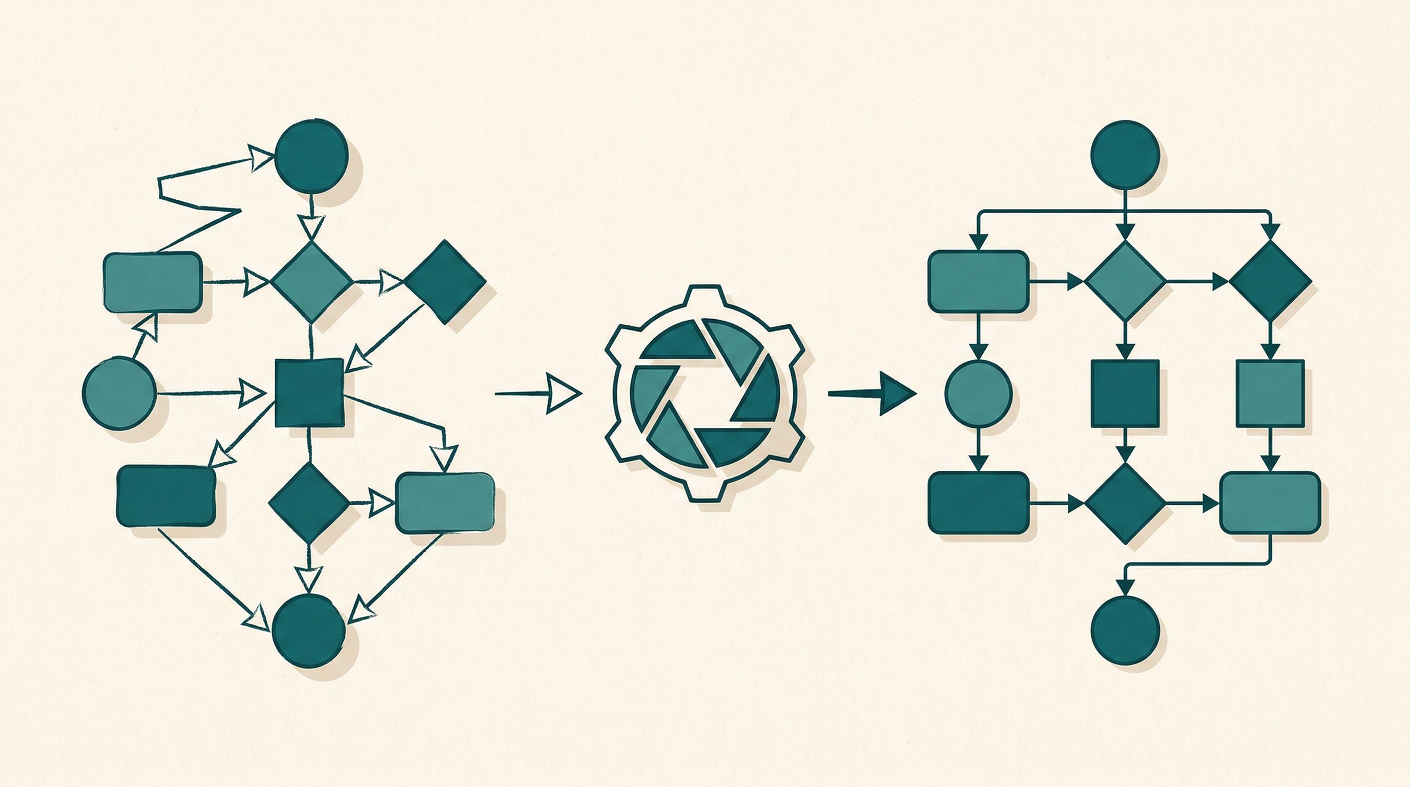 Abstract flowchart shapes being transformed through a rendering pipeline into clean organized diagrams